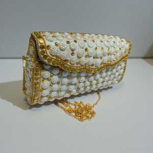 <b>White</b> Pearl Beaded Clutch Bag Rhinestone Chain Strap <b>Envelope</b> Purse Evening Party Handbag for Women - Product Image 4