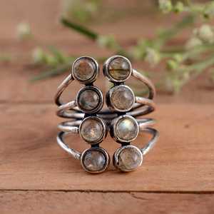 Boho 925 Sterling Silver Multi-Stone <b>Labradorite</b> Statement <b>Ring</b> Handmade Natural Gemstone Tiered Band Unisex 14K Gold Plated - Product Image 4
