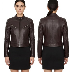 Blouson de motard en cuir pour femme, marron chocolat, coupe ajustée, style Cafe Racer, épaules matelassées, en véritable peau de mouton, service OEM personnalisé, vente en gros - Product Image 2