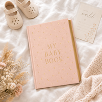 LABON Livre de souvenirs personnalisé pour bébé, thème céleste rose, couverture rigide en lin, bords dorés à la feuille d'or, journal des étapes importantes, cadeau de luxe