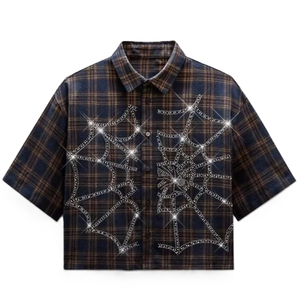 Chemise en flanelle à carreaux avec strass, coupe ample, douce et respirante, style vintage printemps/été, 100% coton - Product Image 1