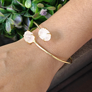 Natural rose quartz raw gemstone 18k gold plated <b>adjustable</b> cuff <b>bracelet</b> handcrafted open bangle brass metal statement jewelry - Product Image 2