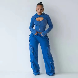Survêtement décontracté pour femme, veste bleue à fermeture éclair avec pantalon cargo élégant, survêtements personnalisés avec logo pour femme - Product Image 1
