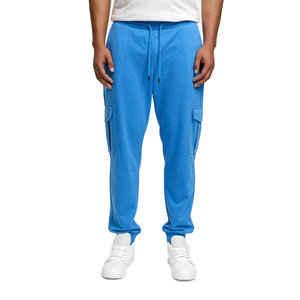 Pantalon de jogging cargo bleu pour homme, taille élastique avec cordon de serrage, décontracté, multi-poches, en coton mi-lourd, idéal pour le printemps - Product Image 2
