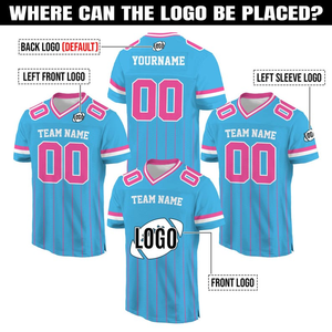 Jersey de Fútbol Americano Personalizable con Rayas Azules y Rosas, Cuello en V, Manga Corta, Absorbente de Humedad, Unisex para Adultos, Impresión Sublimada - Product Image 1