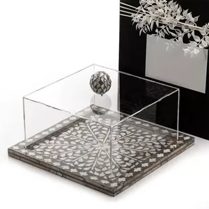 Support à gâteau unique fait main en nacre, plateau carré en coquille foncée avec boîtier transparent, idéal pour la présentation des aliments - Product Image 1