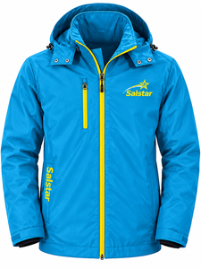 Chaqueta Softshell Azul Cielo Personalizada para Hombre con Capucha, Cremallera Amarilla en Contraste, Impermeable, Resistente al Viento, para Trabajo al Aire Libre, Fabricante - Product Image 3