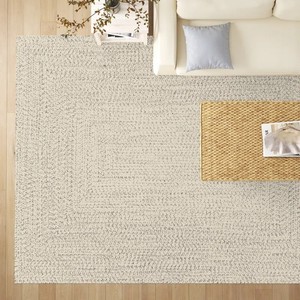 Tapis moderne à tissage plat rectangulaire beige en laine et polyester, résistant aux taches, pour salon, à poils fins et envers en caoutchouc - Product Image 6