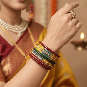 <b>Indian</b> Manufactured Tricolor Lac <b>Bangles</b> with Gold Rhinestones Set of 2 Elegant Traditional Jewelry for Women Available For Sale - Product Image 1