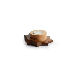 Support à bougie chauffe-plat en bois naturel rustique fait main, base en forme d'étoile, dessus rond, petit décoratif moderne pour table - Product Image 3