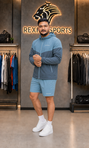 REXFIT SPORTS 2026 Custom <b>Men</b>’s Blue Grey Nylon Track Set <b>Lightweight</b> Hooded Windbreaker <b>Jacket</b> and Shorts Gym Running Team - Product Image 6