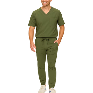 Ensemble de blouses médicales pour hommes vert olive, haut à col en V avec poche et pantalon à cordon, uniforme d'hôpital en tissu tricoté coton-polyester - Product Image 1