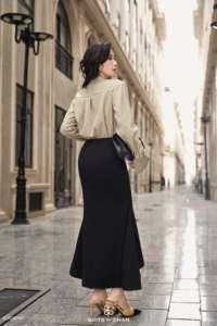 Women's High Waist Black <b>Mermaid</b> Midi <b>Skirt</b> Panelled High Low Asymmetric Fluted Hem Elegant Chic Office Formal Suiting ELOURA - Product Image 4