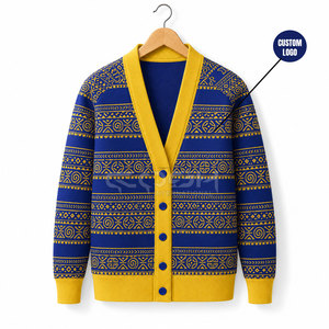 Cardigan tricoté à motif géométrique bleu et jaune Cosh International Sorority Sisterhood, col en V, manches longues, haut décontracté - Product Image 5