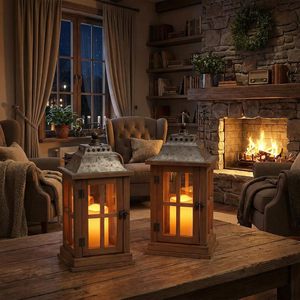Outdoor Wooden <b>Lantern</b> <b>Set</b> Decorative Candle Holder <b>Lantern</b> with Glass Panels Rustic Garden and Patio Decor - Product Image 4