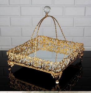 Plateau rond miroir avec bordure dorée florale ornée et finition en cristal. Disponible aux prix de gros. - Product Image 5