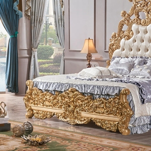 Royal Luxury Gold Carved Solid Mahogany Bedroom Set European Baroque Style <b>King</b> <b>Size</b> PU Leather Upholstered <b>Headboard</b> - Product Image 5