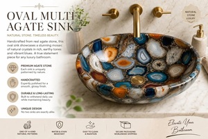 Luxury Multi Agate Stone Sink Handmade Oval Vessel <b>Basin</b> Natural Gemstone Bathroom Sink for Hotel & Home Interior - Product Image 4