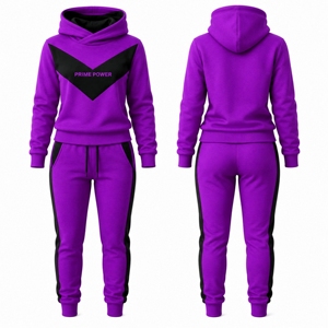 Women Eco-Friendly Breathable <b>Skinny</b> Fit Hooded Tracksuit Set Black Geometric Print Side Stripes Sporty Fleece <b>Jogger</b> Outfit - Product Image 1