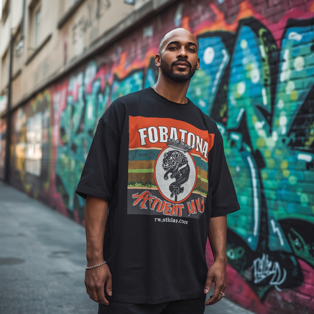 Oversized Men's Black T-Shirt With Fobatona Print Street Style O-Neck Short Sleeve Cotton Jersey Fit