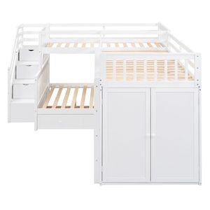 White Twin Over Full L Shaped Bunk <b>Bed</b> with <b>Portable</b> Desk and Wardrobe 3 Drawers-Kids' Furniture Set (OLD SKU LT000542AAK) - Product Image 4
