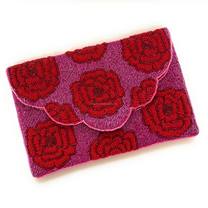 Handmade <b>Red</b> Rose Beaded Zipper Chain Strap Durable Coin <b>Purse</b> Clutch Floral Embroidered Evening Pouch Bridal Party Gift Custom - Product Image 4