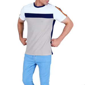 Men's <b>Light</b> Gray Color Block T Shirt Crew Neck Short Sleeve Casual Summer Fashion Tee With Contrast Chest Stripe - Product Image 6