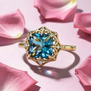 Anillo de Moissanita Azul Corte Princesa en Plata de Ley con Engaste de Puntas Chapado en Oro para Boda, Compromiso, Aniversario - Product Image 3