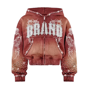 Ensemble de survêtement femme bordeaux délavé avec strass squelette, comprenant un sweat à capuche court zippé et un pantalon large, style gothique Y2K streetwear, deux pièces tendance - Product Image 4