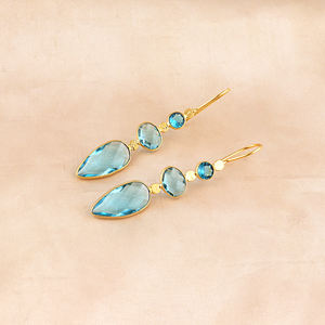 Pendientes largos de cuarzo azul cielo, ligeros, al por mayor, de latón chapado en oro de 18k, con tres gemas engastadas en bisel, tipo gota. - Product Image 2