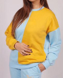 Women Color Blocking Sweatshirt Crew Neck Long Sleeve Loose Fit Yellow Blue Cotton Casual Autumn Top - Product Image 5