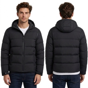 Custom Teal Contemporary <b>Hooded</b> Puffer <b>Jacket</b> for Men in Polyester with Horizontal <b>Padding</b> and Streetwear Design - Product Image 2