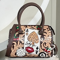 Sac de voyage en cuir repoussé style western, taille moyenne, motif dés de poker cerise avec as, sac à main vintage pour cowgirl