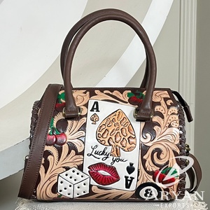 Wholesale Western Tooled Leather Speedy Duffel Bag <b>Medium</b> Size Cherry Poker Dice with Aces Cowgirl <b>Purse</b> Vintage Travel Handbag - Product Image 1