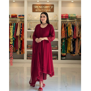 Ensemble de costume Anarkali de qualité supérieure couleur bordeaux – Ensemble 3 pièces en mousseline de soie cousu pour soirée avec détails en dentelle, couleurs rouge, vert et blanc - Product Image 1