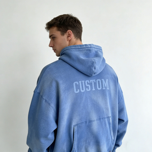 เสื้อฮู้ดดี้ผู้ชายสีฟ้าอ่อนแบบย้อมสีสไตล์ลำลอง ไซส์ใหญ่ มีกระเป๋า  รับสั่งทำได้ ขายส่งจากโรงงาน - Product Image 3