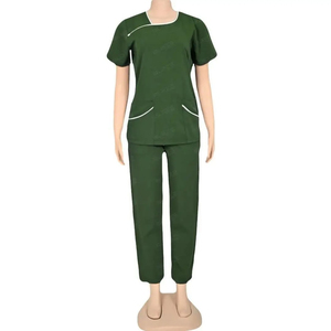 Ensemble de blouses et pantalons verts pour femmes, uniforme d'hôpital à manches courtes, en coton et polyester tissé, détection par radiofréquence - Product Image 3