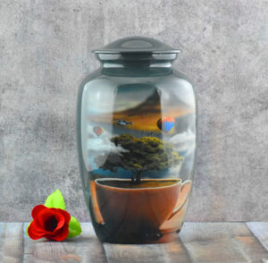 Unique Surreal Art Metal Cremation Urn - Handcrafted Memorial Jar with Coffee <b>Cup</b>, Tree, and Hot Air Balloon Imagery - Modern Tr - Product Image 1