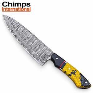 Cuchillo de Chef Santoku de Acero de Damasco Hecho a Mano, Estilo Japonés, Ambidiestro, con Mango de Resina Multicolor |   Longitud de la hoja: 8 pulgadas - Product Image 3