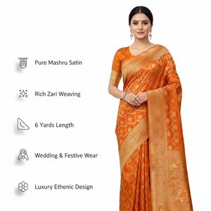 Tela de Saree de Satén Mashru Puro de la Mejor Calidad |   Ropa Festiva de Lujo de Seis Yardas |   Nueva Colección de Diseñador a Precio de Mayoreo - Product Image 5