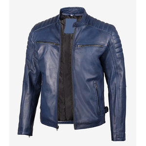 Blousons en cuir de vachette véritable bleu marine pour hommes, tendance du moment, col montant, fermeture éclair, coupe ajustée, style motard, pour l'hiver - Product Image 5
