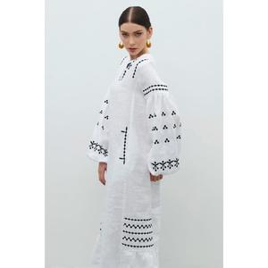 Vestido largo de lino blanco bordado para mujer, ecológico, con cintura natural, estilo étnico minimalista, maxi Kurti de manga larga, al por mayor - Product Image 3
