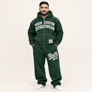 Ensemble sweat à capuche et pantalon de survêtement RexFit pour homme, vert, en coton French Terry, streetwear, fermeture éclair intégrale, imprimé, respirant, 440g, pour l'automne - Product Image 3