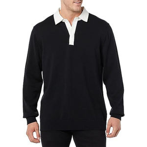 Suéter de Cuello Camisero Negro de Manga Larga para Hombre, Jersey de Algodón Sólido de Corte Regular para Todas las Temporadas - Product Image 1