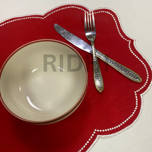 Ridhi Red Table <b>Placemat</b> with White Embroidery Eco-Friendly Mat 100% <b>Linen</b> Fabric Reusable for Festivals, Weddings, Restaurants - Product Image 5
