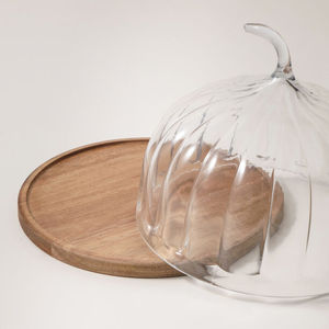Dôme à gâteau en verre en forme de cercle, résistant au four, avec base en bois, plateau à gâteau réutilisable - Product Image 3