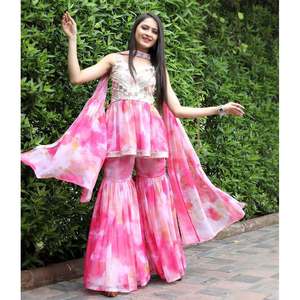 PARTY WEAR GEORGETTE BORDADO SECUENCIA TRABAJO TOP SHARARA CON DUPATTA ROSA - Product Image 1