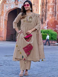 Beige Embroidered Roman Silk Knee-Length Regular Fit Quick Dry <b>Kurta</b> Anarkali Dress <b>Women</b> Ethnic Top Casual Festival Wear - Product Image 1