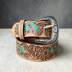 Custom Made Western Floral Engraved <b>Leather</b> Belt With Silver Buckle Painted Design Full Grain Western <b>Leather</b> <b>Tooling</b> Belt - Product Image 4