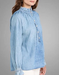 Blusa de Mezclilla Azul para Mujer, Manga Larga Abullonada, Cuello en V, Botones, Corte Holgado, Informal, Color Sólido, Detalle de Volantes, Manga Larga - Product Image 2